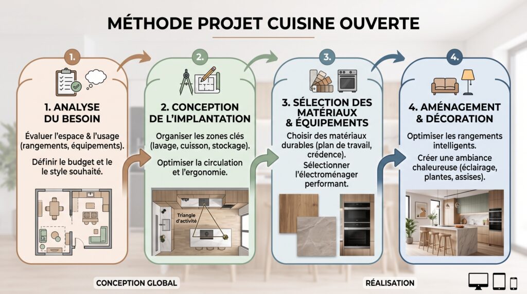 Comment aménager une cuisine ouverte fonctionnelle et conviviale ? 2 Schéma explicatif réaliste avec texte sur aménager cuisine ouverte