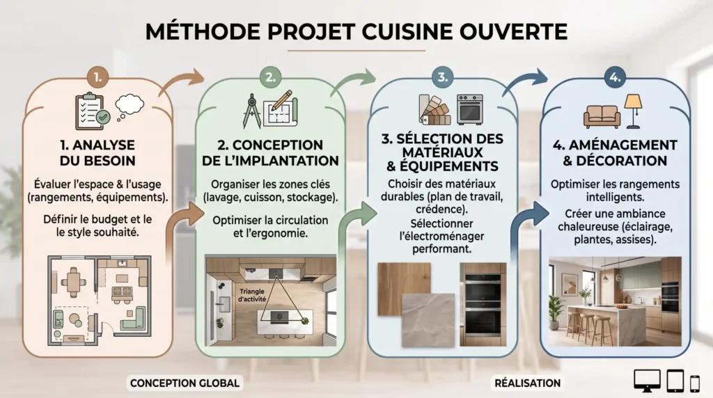 Schéma explicatif réaliste avec texte sur aménager cuisine ouverte