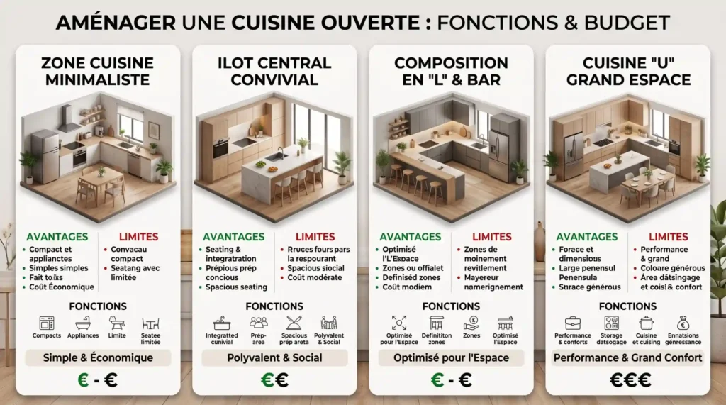 Schéma comparatif réaliste avec texte sur aménager cuisine ouverte