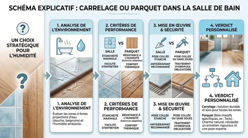 Schéma explicatif réaliste avec texte sur carrelage parquet salle bain
