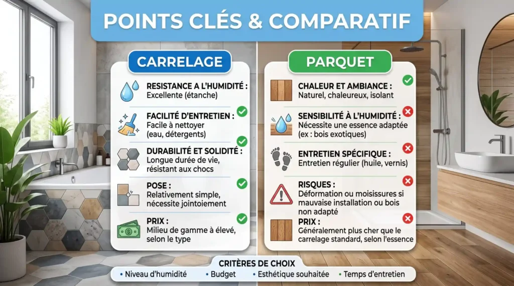 Schéma comparatif réaliste avec texte sur carrelage parquet salle bain