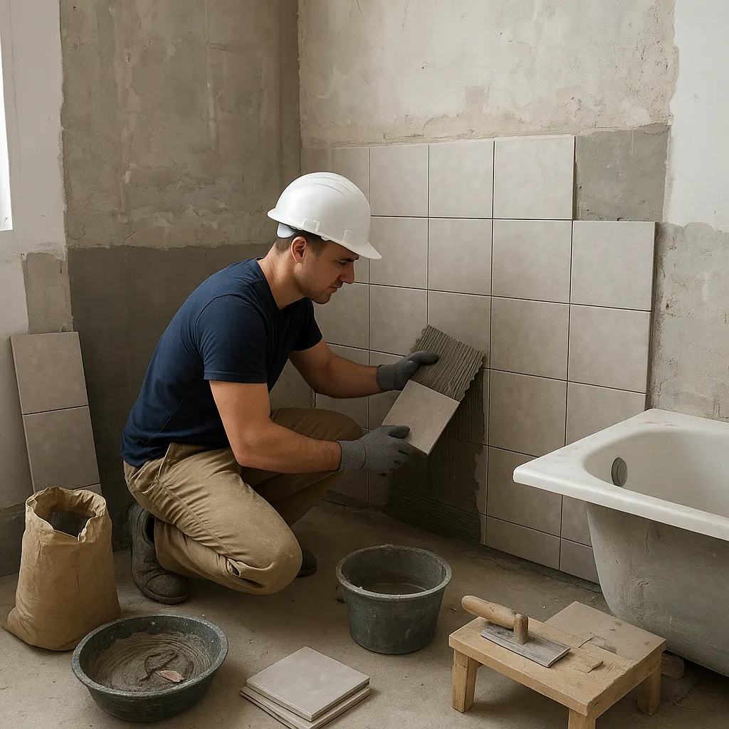 Rénovation de salle de bain : budget moyen, postes de coûts et économies possibles 2 Chantier de rénovation de salle de bain avec pose de carrelage
