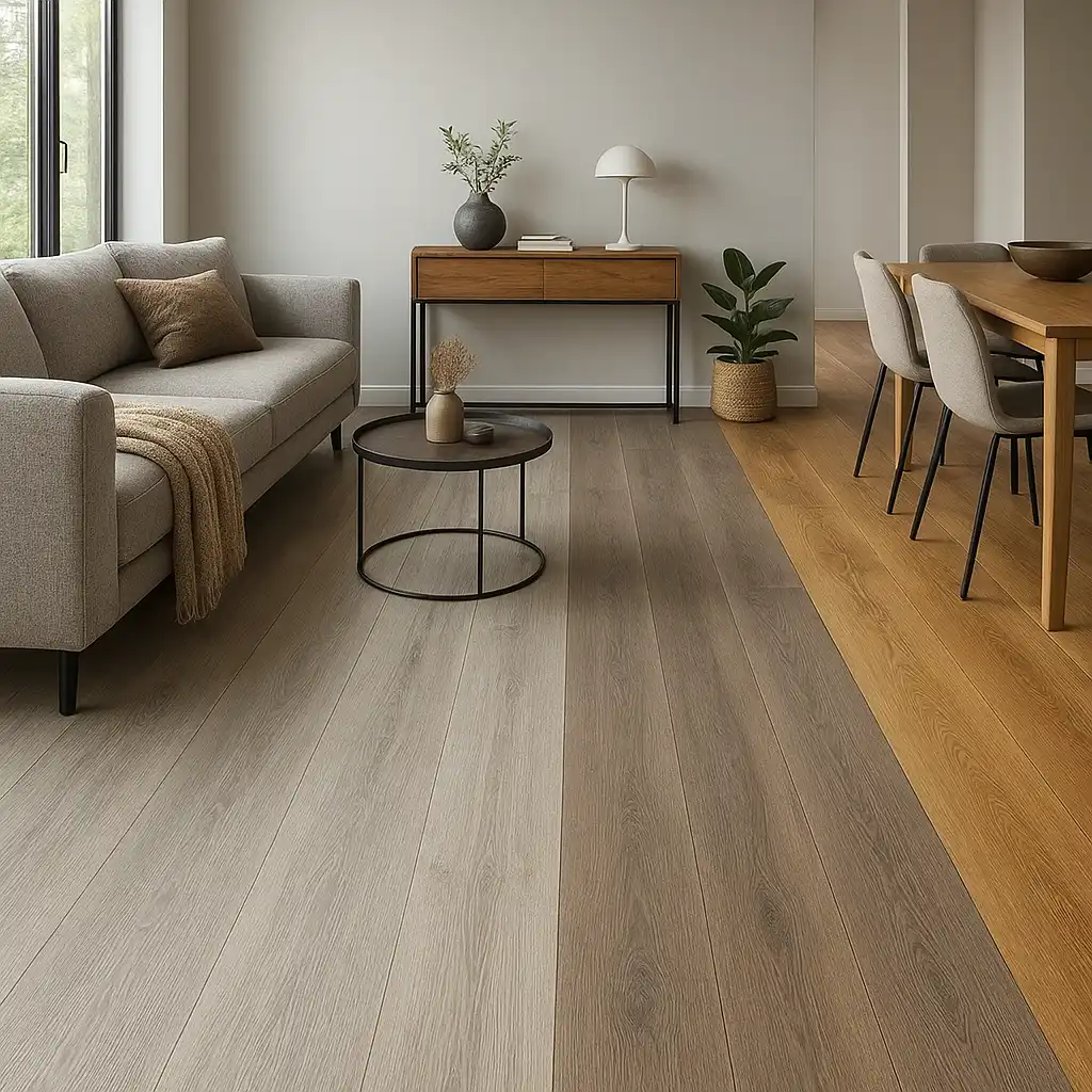 Sol vinyle, stratifié ou parquet : quel revêtement choisir pour chaque pièce ? 2 Comparaison visuelle entre sol vinyle, stratifié et parquet dans une pièce de vie
