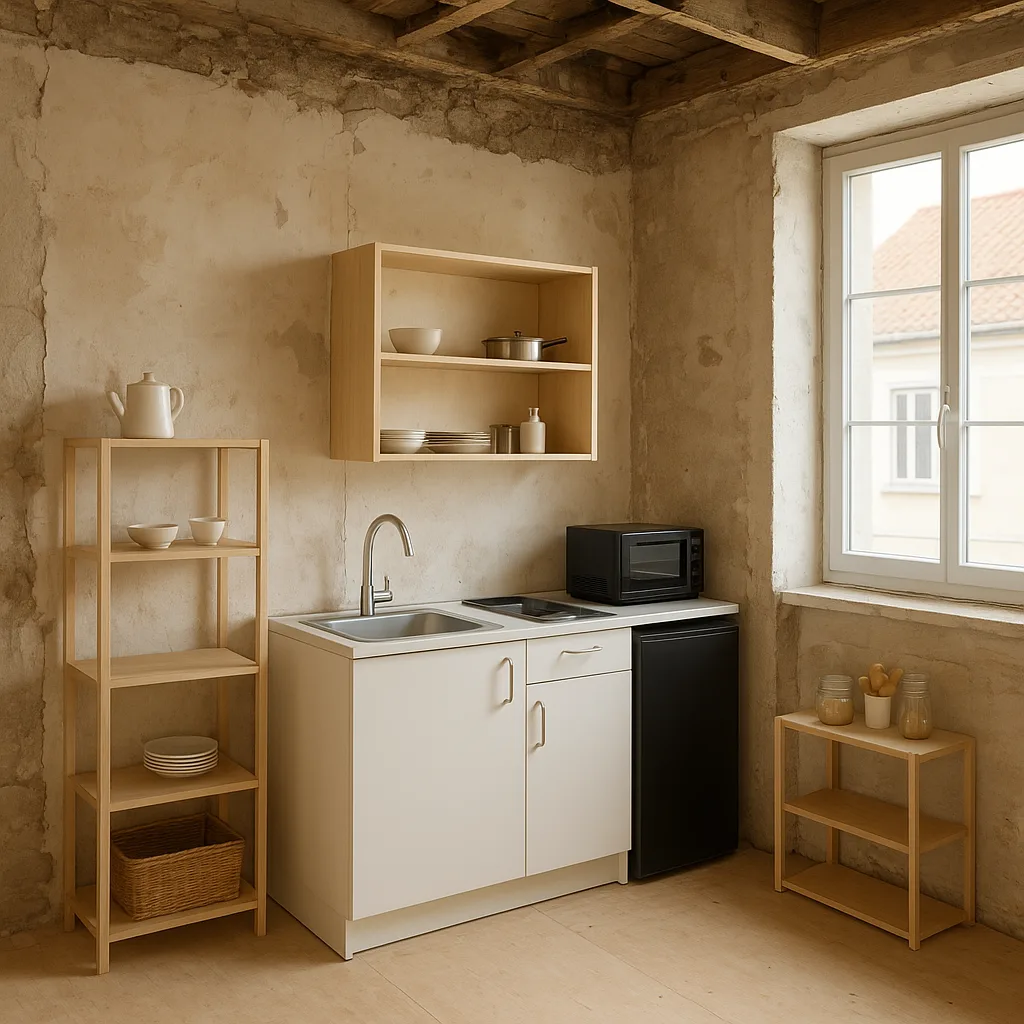Peut-on vivre dans une maison en rénovation ? Avantages, limites et précautions 4 Cuisine temporaire dans une maison en rénovation pour continuer à vivre sur place