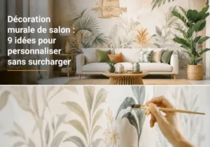 Salon avec décoration murale végétale et peinture de motifs naturels
