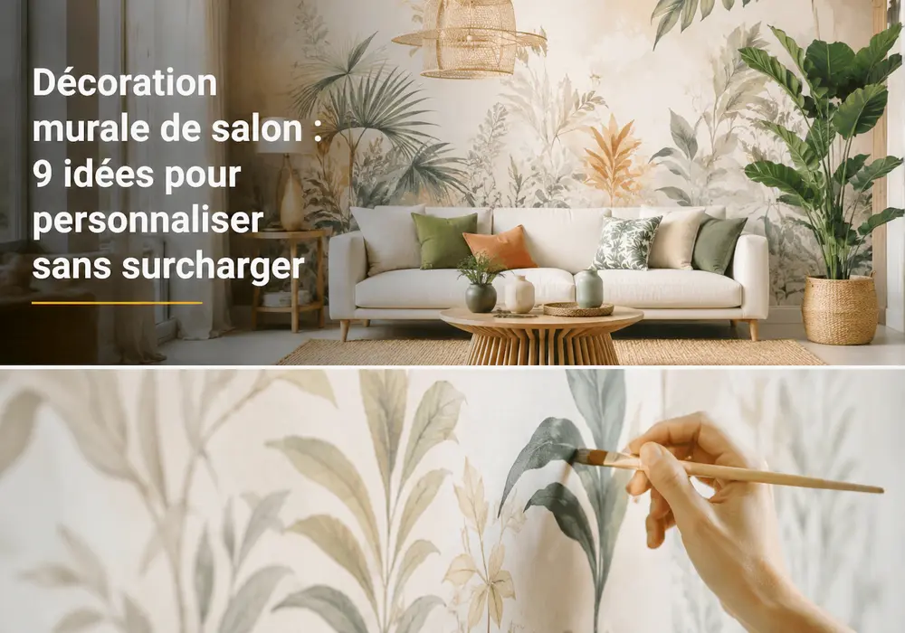 Salon avec décoration murale végétale et peinture de motifs naturels