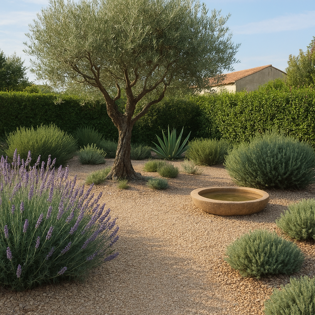 Jardin sans entretien avec plantes résistantes et paillage minéral