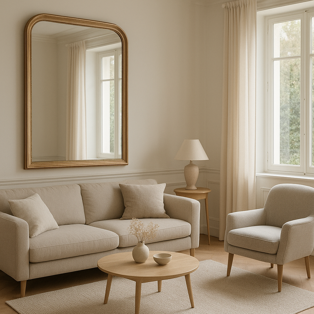 Petit salon lumineux avec miroir et couleurs claires pour agrandir l’espace