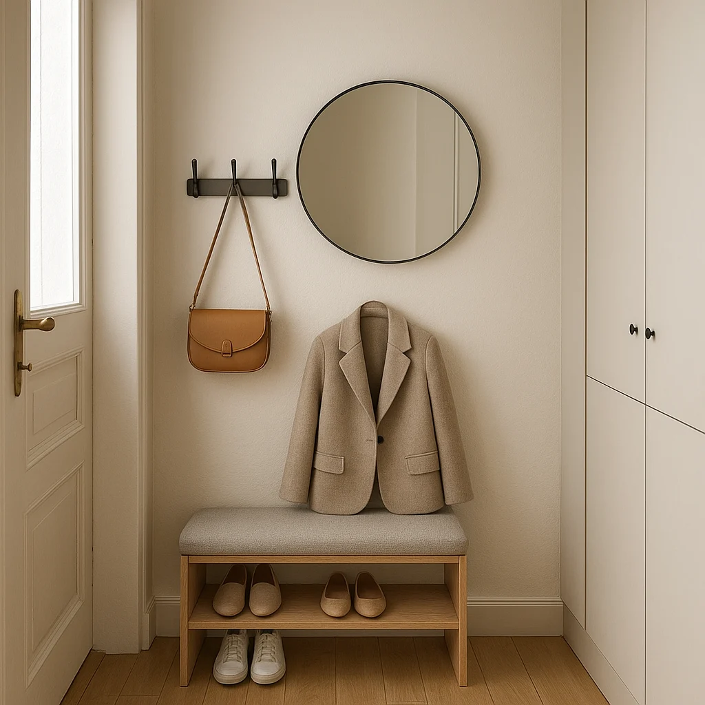 Aménager une entrée d’appartement : idées gain de place et rangements malins 2 Petite entrée d’appartement avec banc, patères et rangement compact