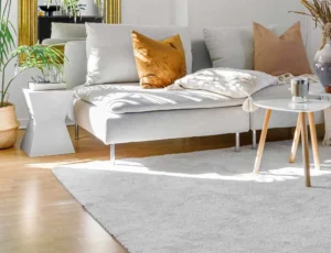 Comment choisir un tapis de salon ? Taille, matière, couleurs et placement 2 alon lumineux avec canapé et tapis gris dans une décoration moderne et chaleureuse