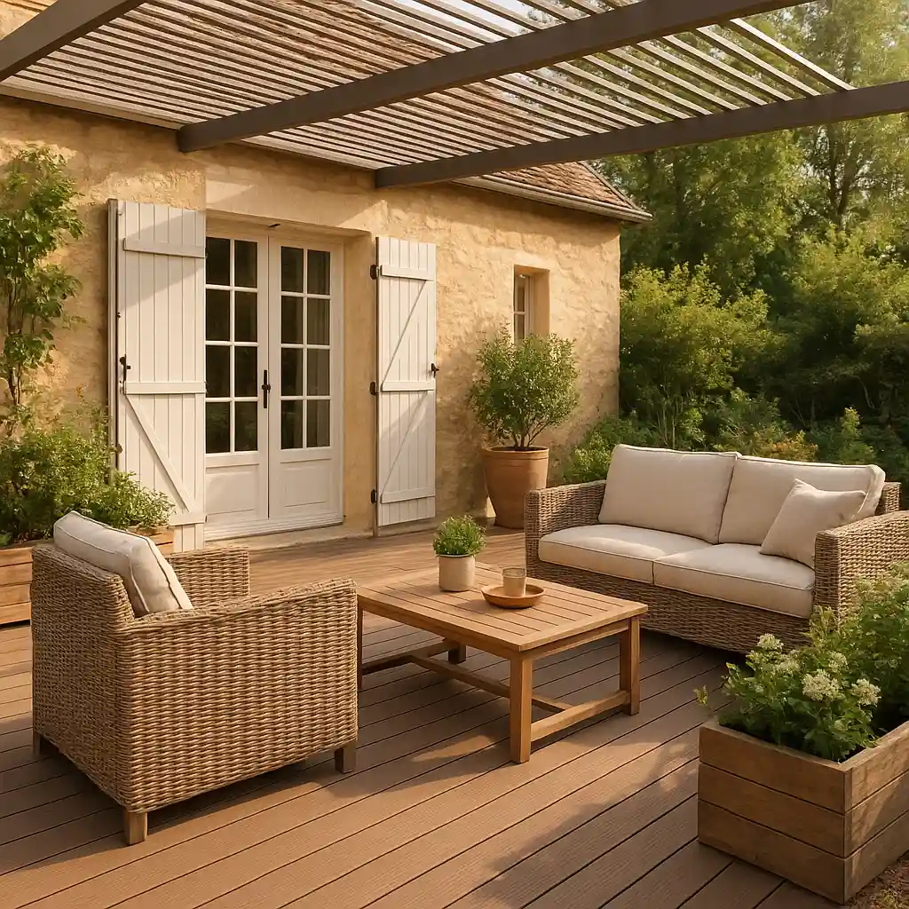 Aménagement extérieur de maison : 15 idées pour valoriser jardin, terrasse et façade 2 Terrasse aménagée avec mobilier, végétation et pergola