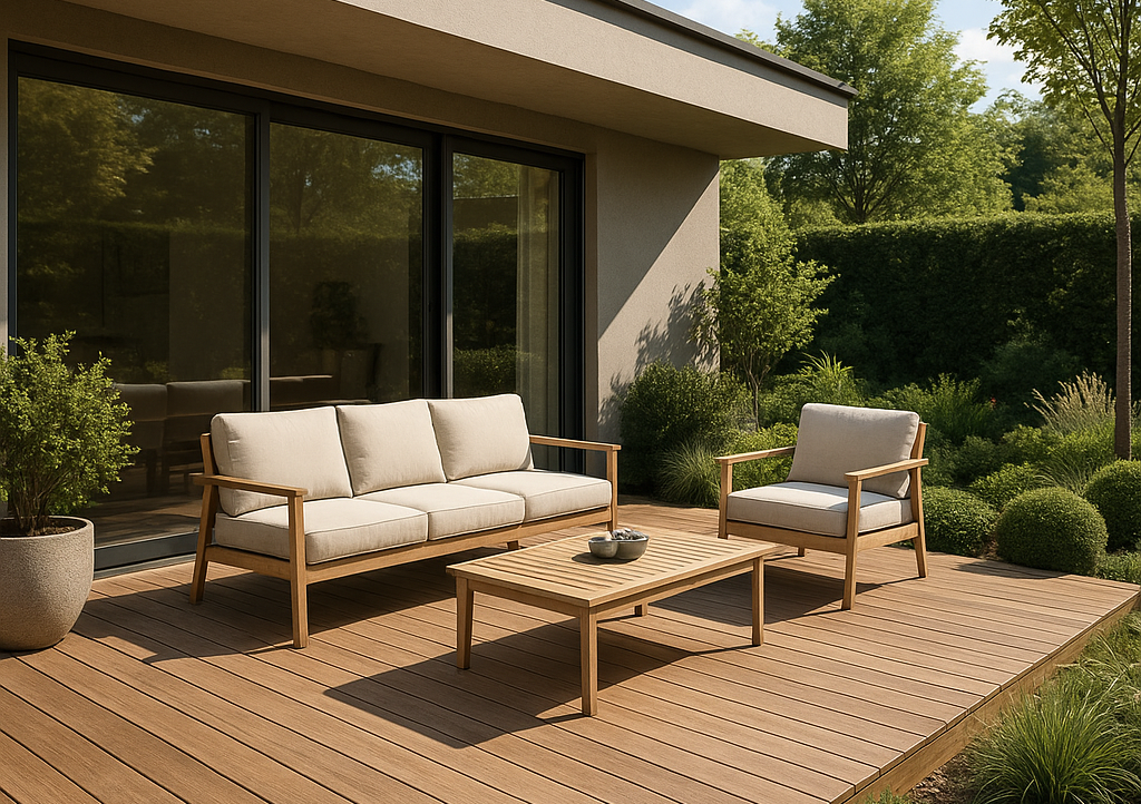 Terrasse en bois naturel dans un aménagement extérieur contemporain avec mobilier et végétation