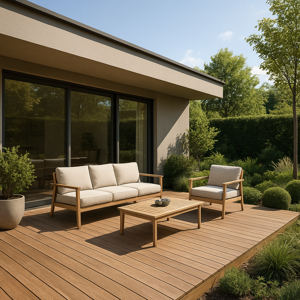 Terrasse bois ou composite : quelle solution choisir pour son extérieur ? 2 Terrasse en bois naturel dans un aménagement extérieur contemporain