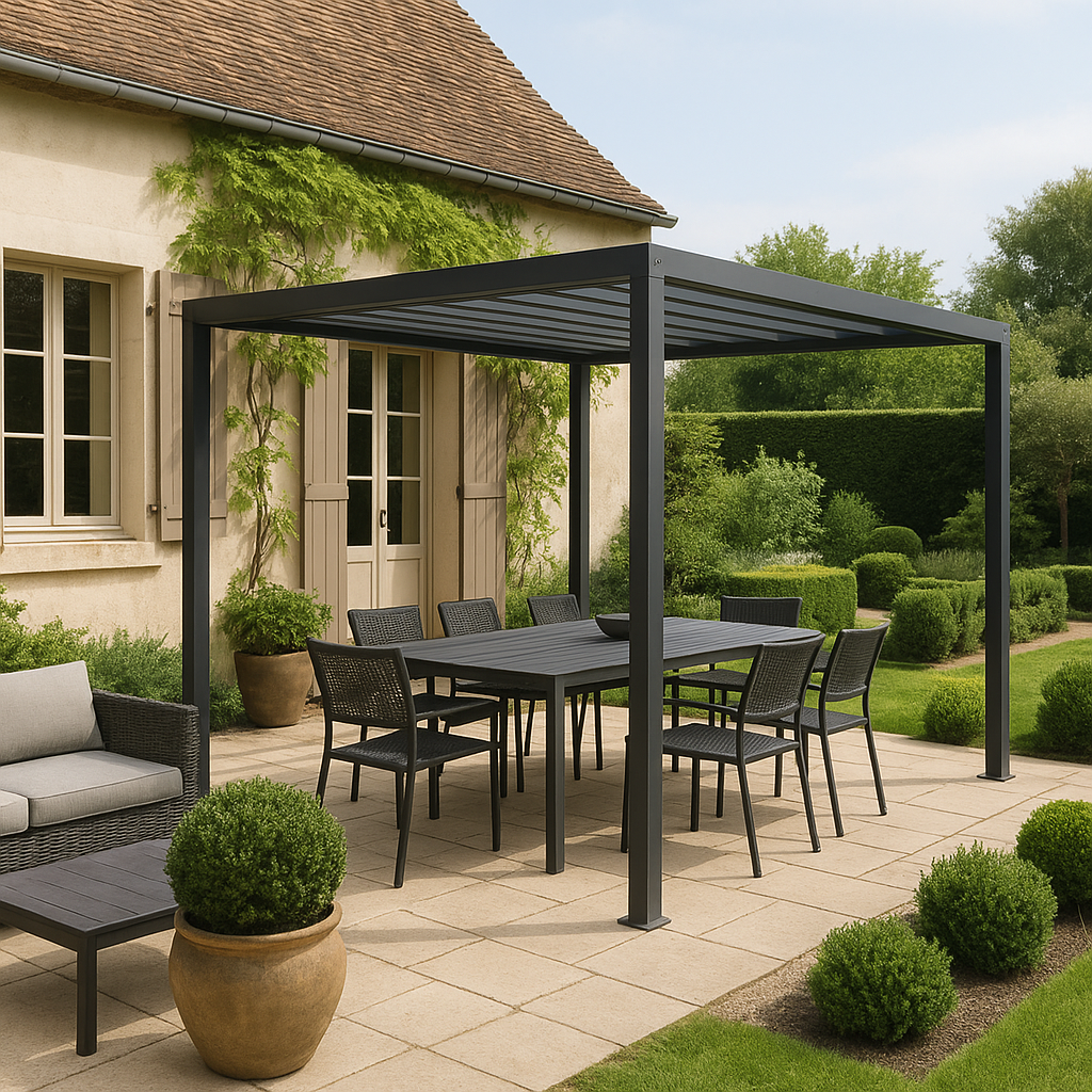 Terrasse et zone de vie faciles à entretenir dans un jardin sans entretien