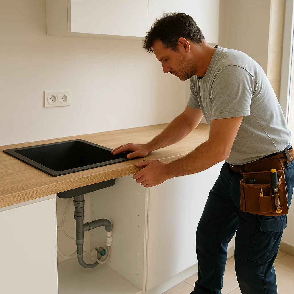 Travaux techniques dans une cuisine avec plomberie et électricité