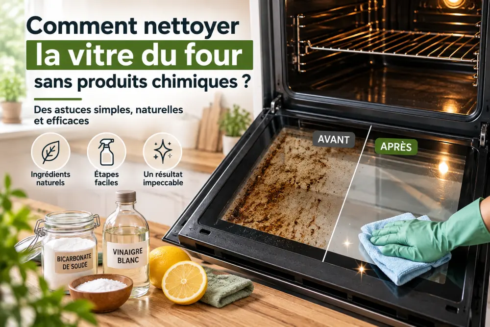 Comment nettoyer la vitre de son four sans utiliser de produit chimique ? 2 Plan large d'une cuisinière ouverte montrant une vitre sale d'un côté et propre de l'autre, plan de travail bois avec bocaux et gants verts