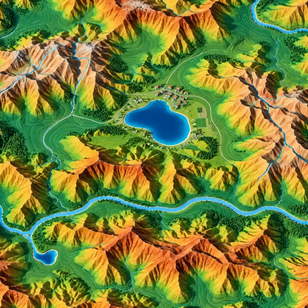 Comment faire la topographie d’un terrain ? Méthode, matériel et étapes à suivre 4 Vue aérienne montrant un lac bleu au centre, entouré de montagnes colorées et d'un village avec routes sinueuses