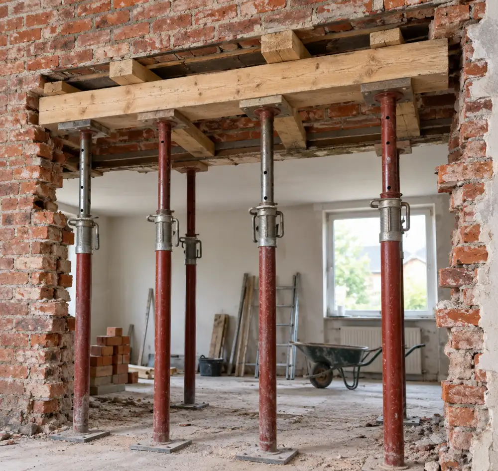 Comment découper un mur en briques proprement ? Méthode, outils et sécurité 3 Intérieur de chantier, poteaux métalliques rouges soutenant une poutre en bois au-dessus d’une ouverture en briques, brouette et échelle au fond.