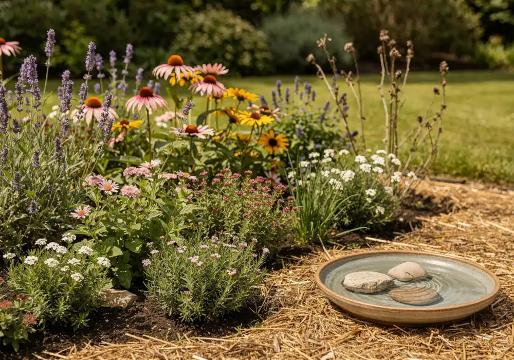 Comment attirer les abeilles au jardin ? Plantes, fleurs et gestes utiles 2 Coin de jardin mellifère avec fleurs et point d’eau pour attirer les abeilles