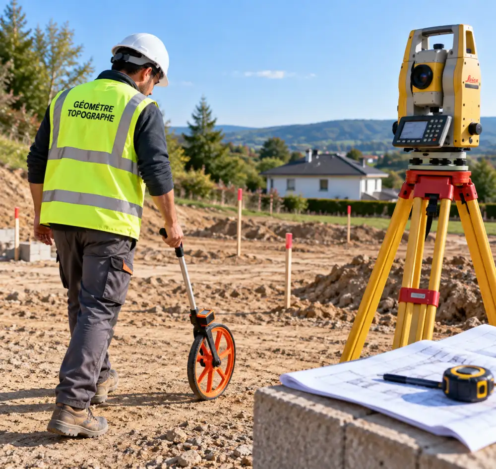 Comment faire la topographie d’un terrain ? Méthode, matériel et étapes à suivre 2 géomètre topographe portant gilet jaune et casque blanc, maniant une roue de mesure orange; à droite, un instrument de topographie sur trépied jaune