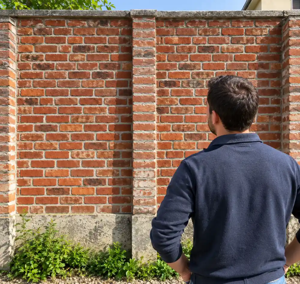 Comment découper un mur en briques proprement ? Méthode, outils et sécurité 2 Homme vu de dos, polo bleu marine, devant un mur de briques rouges avec colonne centrale et ciel bleu.