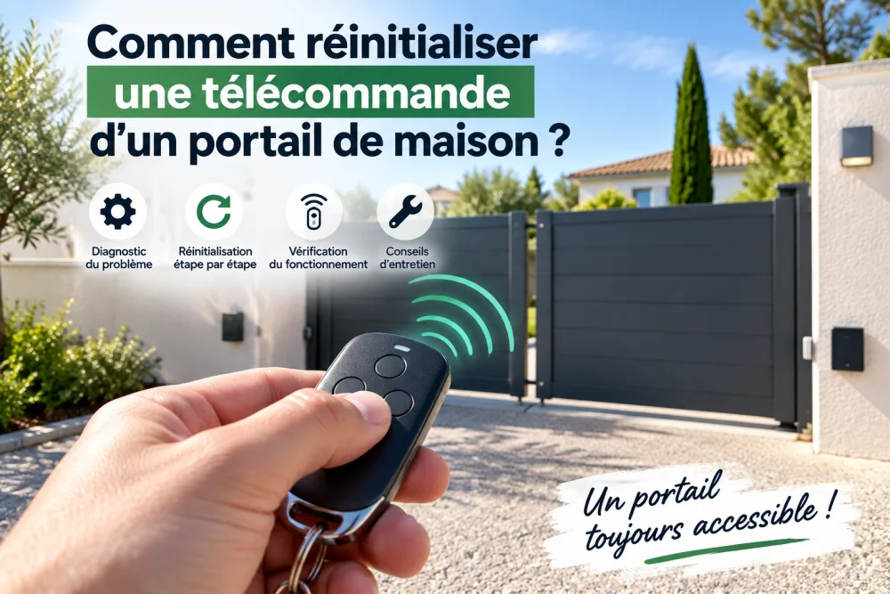 Comment réinitialiser une télécommande de portail de maison ? 2 Une main tient une telecommande devant un portail coulissant gris en metal, avec pavage et jardin en arriere-plan