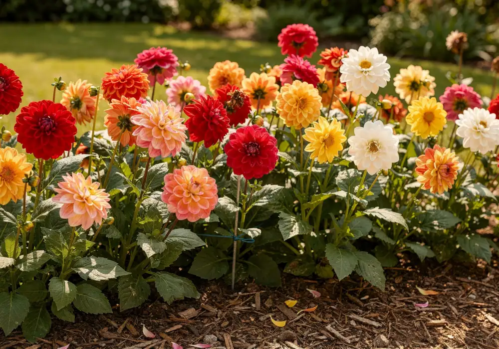 Dahlia : quand le planter et comment l’entretenir ? 2 Massif de dahlias en fleur dans un jardin ensoleillé