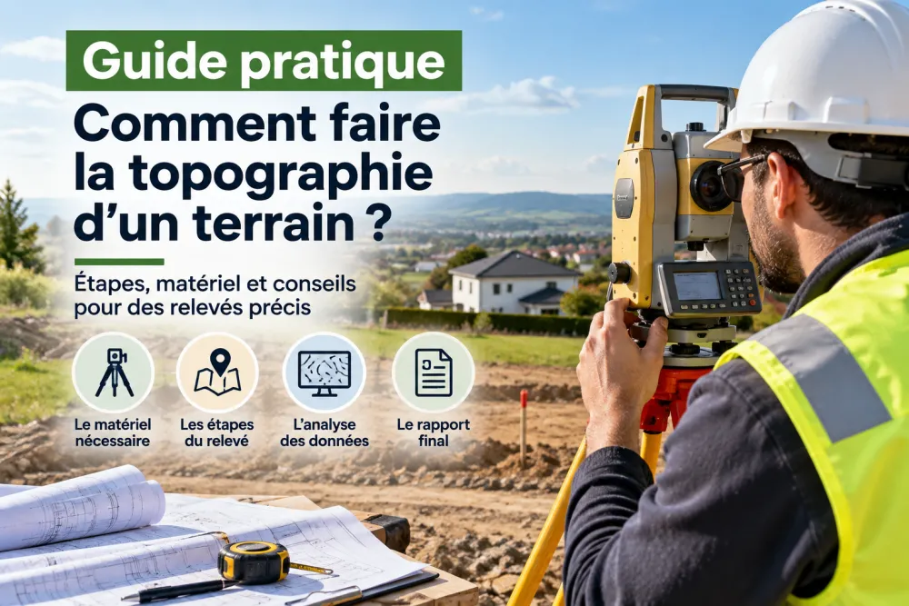 Comment faire la topographie d’un terrain ? Méthode, matériel et étapes à suivre 3 Un topographe porte un casque blanc et un gilet jaune et ajuste une station totale sur un chantier, horizon rural en arrière-plan