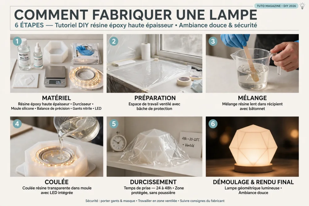 Affiche pedagogique montrant six panneaux illustrant les etapes de fabrication d'une lampe en resine epoxy, outils, preparation et montage.