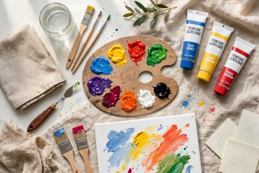 Comment peindre à l’acrylique et quels sont ses avantages ? 1 Vue en plan montrant une palette en bois avec peintures acryliques; tubes étiquetés bleu cobalt et jaune cadmium, pinceaux, verre d'eau et branche d'olivier.
