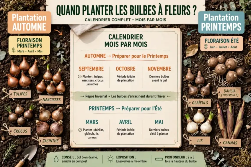 Quand planter les bulbes à fleurs ? Calendrier complet mois par mois 1 Planche d'infographie entourée de bulbes de fleurs sur le sol sombre, avec étiquettes et outils visibles