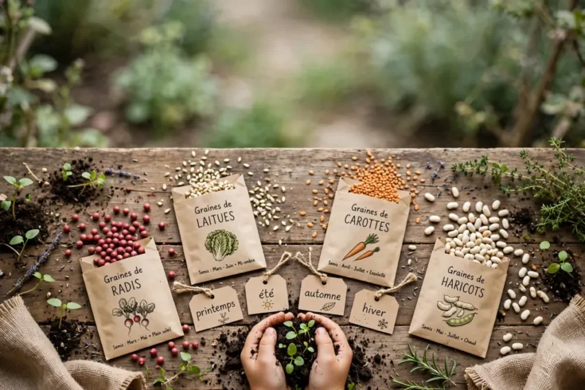 Quelles graines choisir pour le potager ? Le guide pratique par saison 1 table en bois avec sachets de graines marron et graines colorées autour, mains tenant une jeune plante