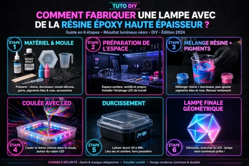 Comment fabriquer une lampe avec de la résine époxy haute épaisseur ? 1 Affiche infographique sombre avec panneaux lumineux indiquant les etapes de fabrication d'une lampe en resine epoxy montrant outils gants et pigments