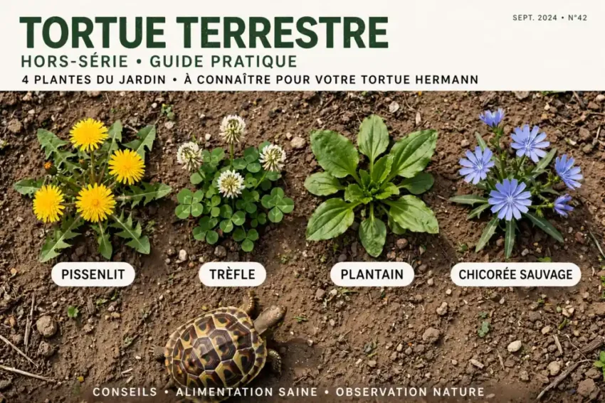 Quelles graines choisir pour nourrir une tortue de terre ? Conseils et précautions 2 tortue à carapace beige et marron sur sol sableux, près de quatre plantes identifiées par étiquettes: pissenlit, trèfle, plantain et chicorée sauvage